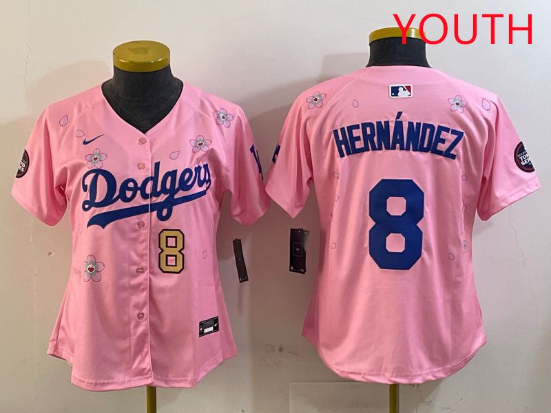 Youth Los Angeles Dodgers #8 Hernandez Pink Sakura Edition 2025 Nike MLB Jersey style 8